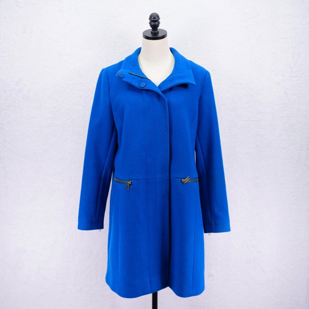 Worthington -Large- Blue High Collar Wool Coat Button Zip Up Polyester Lined